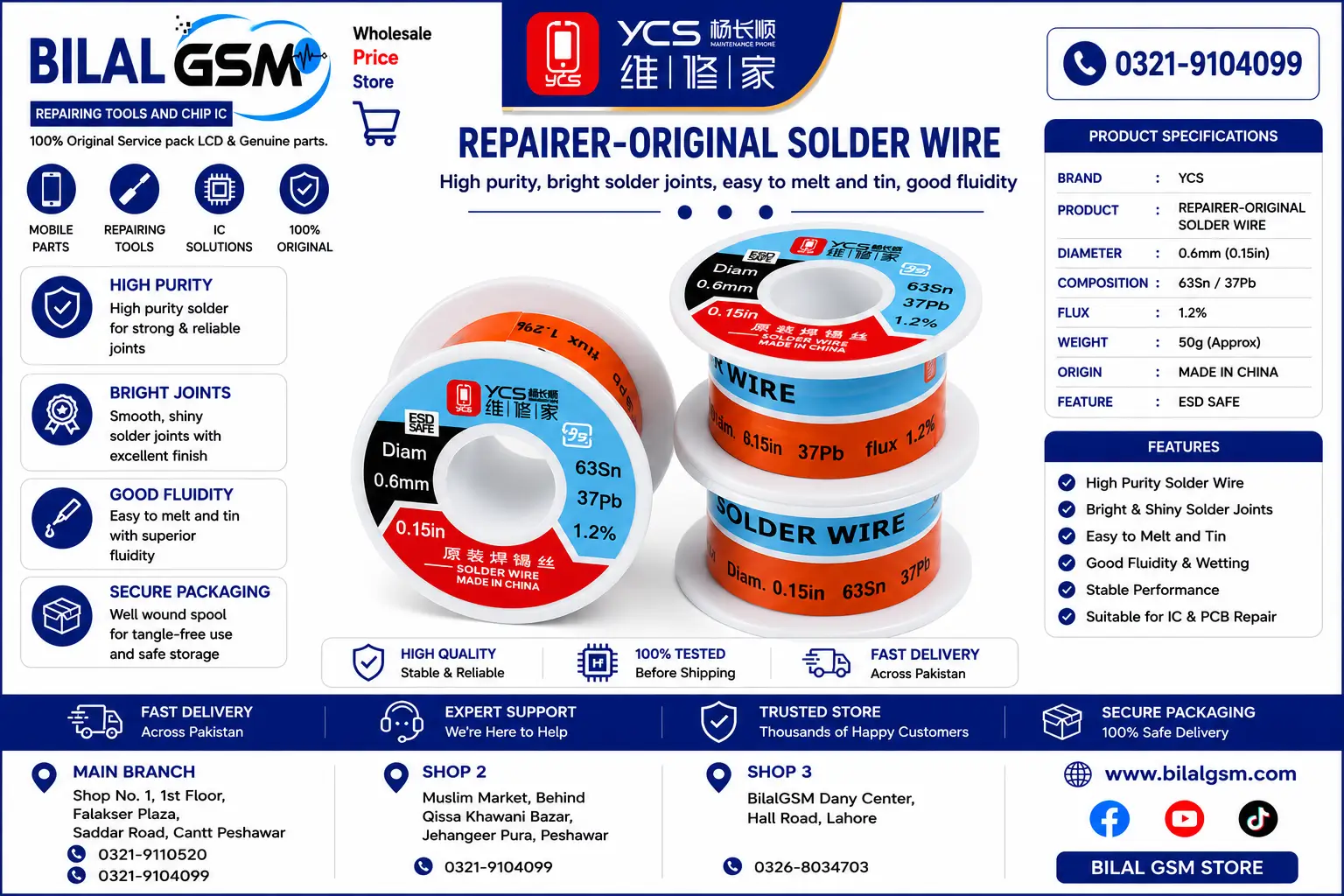 0.6mm 50g YCS 63Sn 37Pb Solder Wire – Low Melting Point No-Clean BGA PCB Repair Repairing Materials