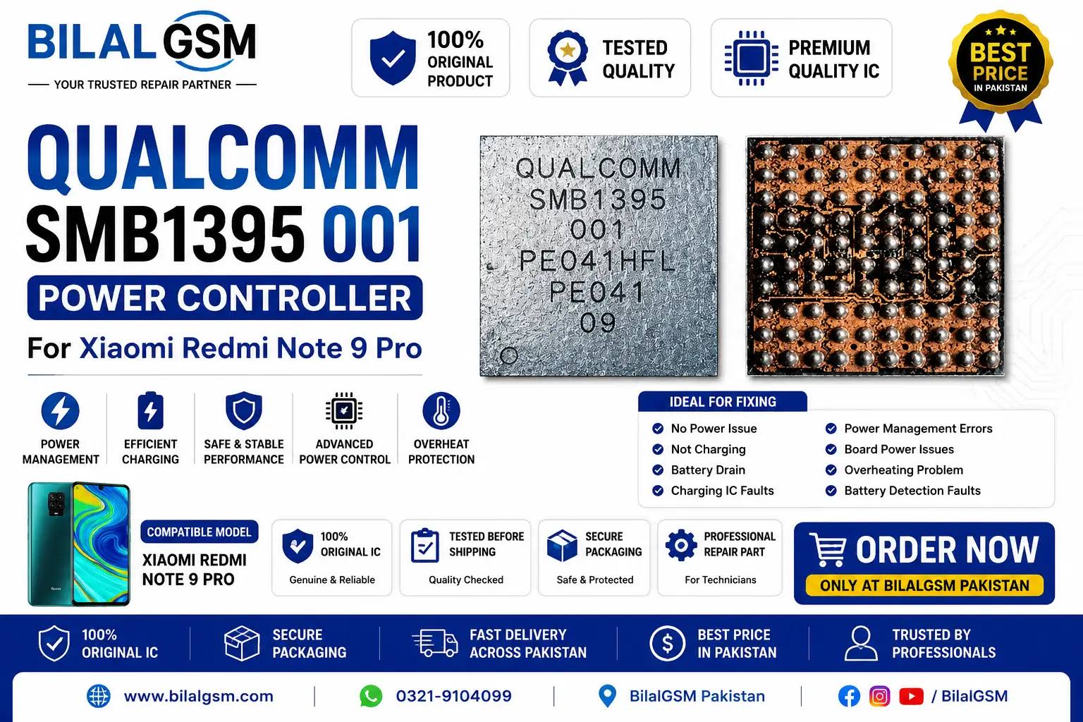 Qualcomm SMB1395 001 Power Controller for Xiaomi Redmi Note 9 Pro Original Tested IC Charging Power IC