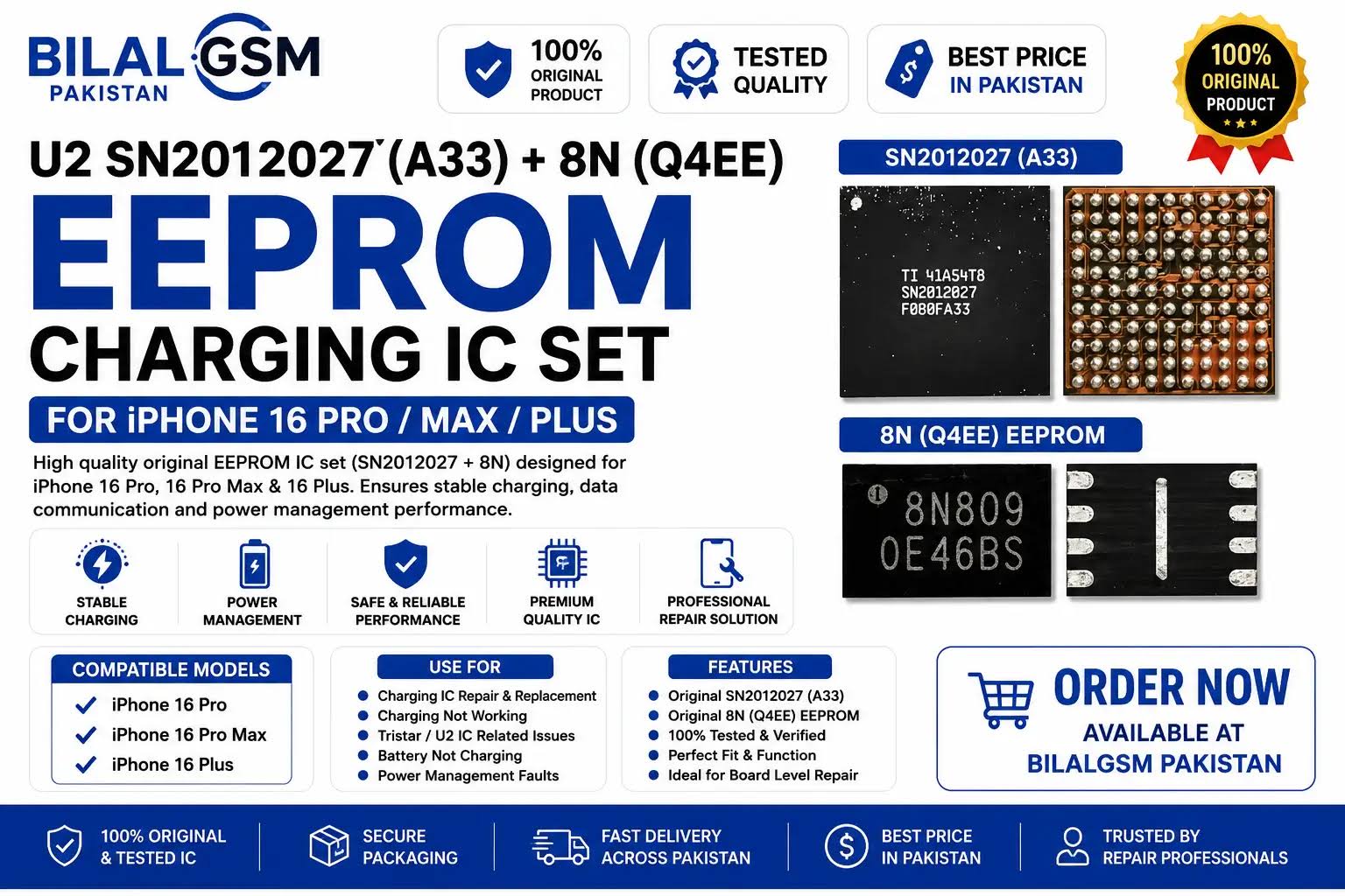U2 SN2012027(A33) + 8N (Q4EE) EEPROM Charging IC Set for iPhone 16 Pro/Max/Plus