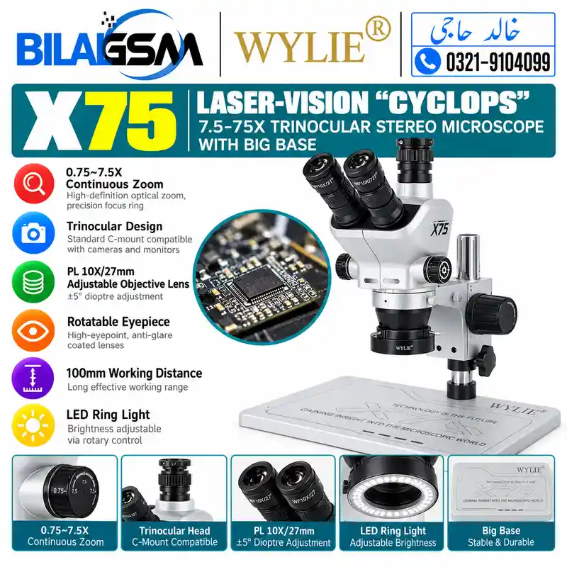 Wylie X75 CYCLOPS 7.5X to 75X Trinocular Stereo Microscope with Big Base