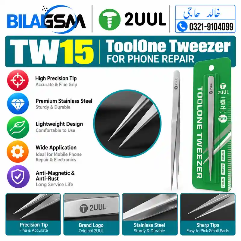 2UUL TW15 ToolOne Precision Tweezer Stainless Steel Non Magnetic for Mobile Phone IC Repair