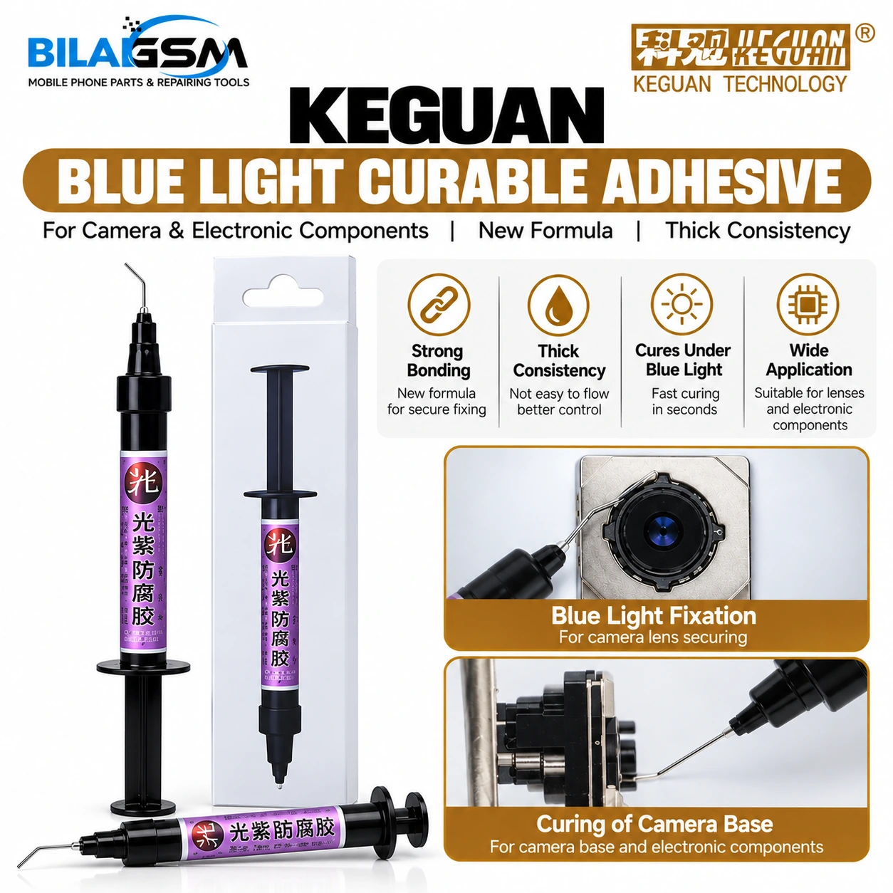 KEGUAN Blue Light Camera Curable Adhesive UV Glue for Phone Camera Repair