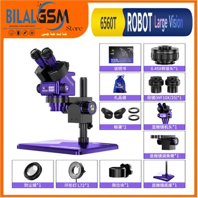 Mechanic ROBOT 6560T-B11 6.5-60X Trinocular Stereo Microscope PCB & BGA Repair MICROSCOPE,CAMERA, STAND & LED LIGHT, Lighted Magnifying Glass