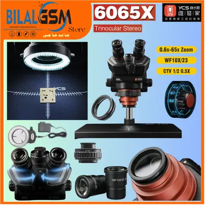 YCS 6065X Soldering Repair Microscope – 0.6X–6.5X Zoom Trinocular Microscope for Mobile Repair MICROSCOPE,CAMERA, STAND & LED LIGHT, Lighted Magnifying Glass