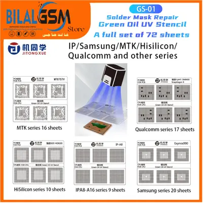 72 PCS Jitongxue GS-01 Solder Mask Repair Green Oil UV Stencil Kit – CPU IC Chip BGA Reballing for IP MTK Qualcomm Samsung BGA STENCIL/Reballing Plate Form